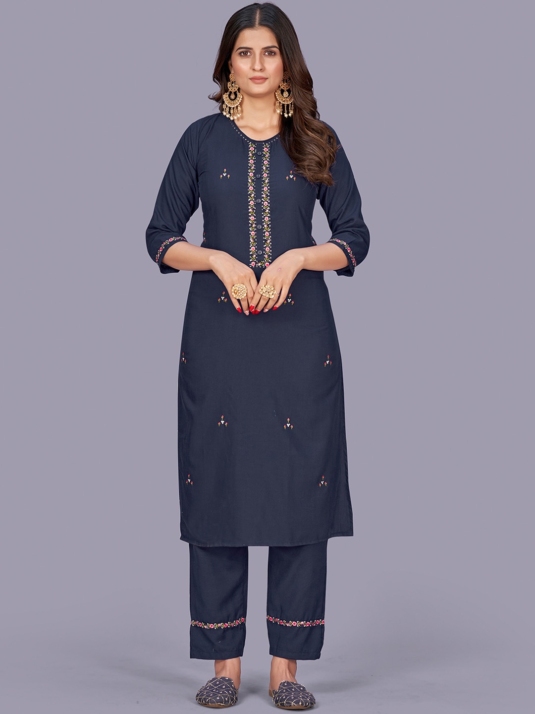 KALINI Floral Embroidered Thread Work Detail Straight Kurta With Trousers, Navy blue
KALINI Floral Embroidered Thread Work Detail Straight Kurta With Trousers, Navy blue