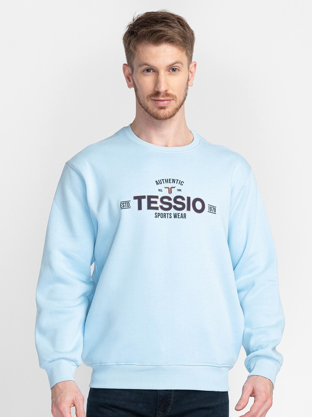TESSIO Brand Logo Printed Pullover Cotton Sweatshirt, Blue