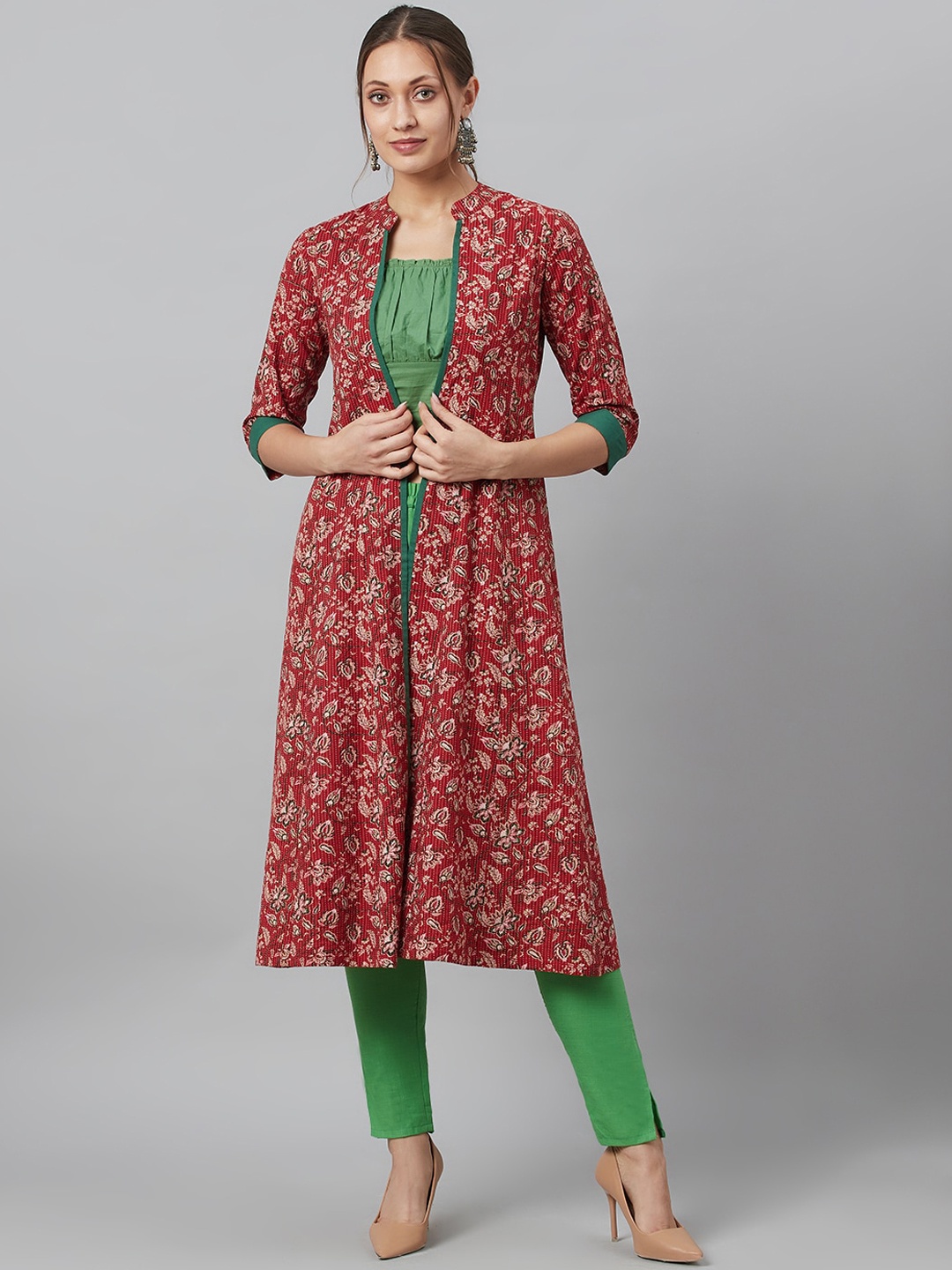 AKS Floral Printed Longline Cotton Open Front Jacket, Maroon