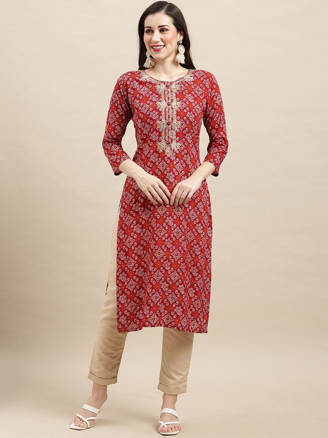 Anubhutee Bandhani Printed Straight Kurta, Red