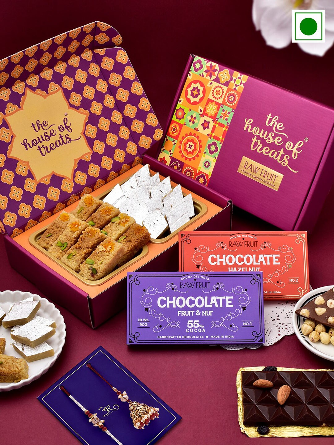 RawFruit Set Of 2 Rakhi With Sweets & Chocolate Bar, Gold