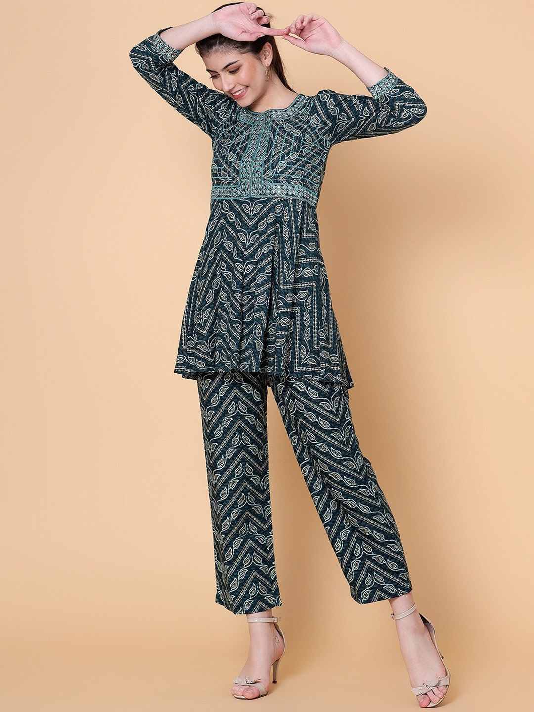 Bani Women Printed Regular Top with Trousers, Blue
