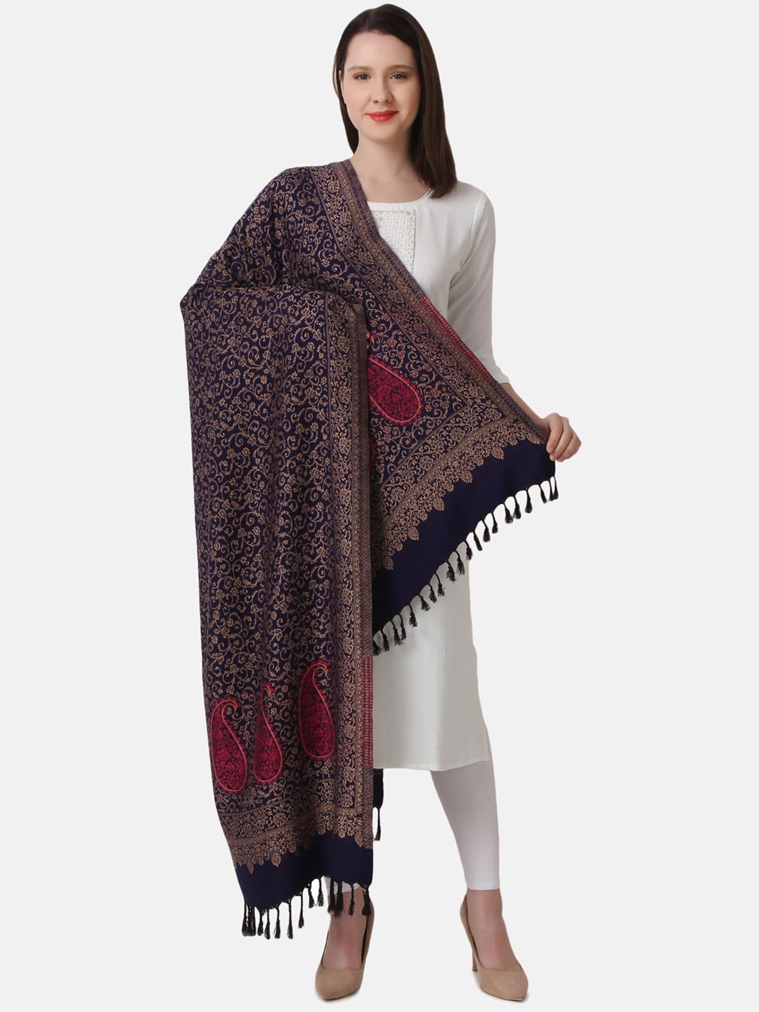 EVAZ Ethnic Motifs Woven Design Tasseled Acrylic Shawl, Navy blue