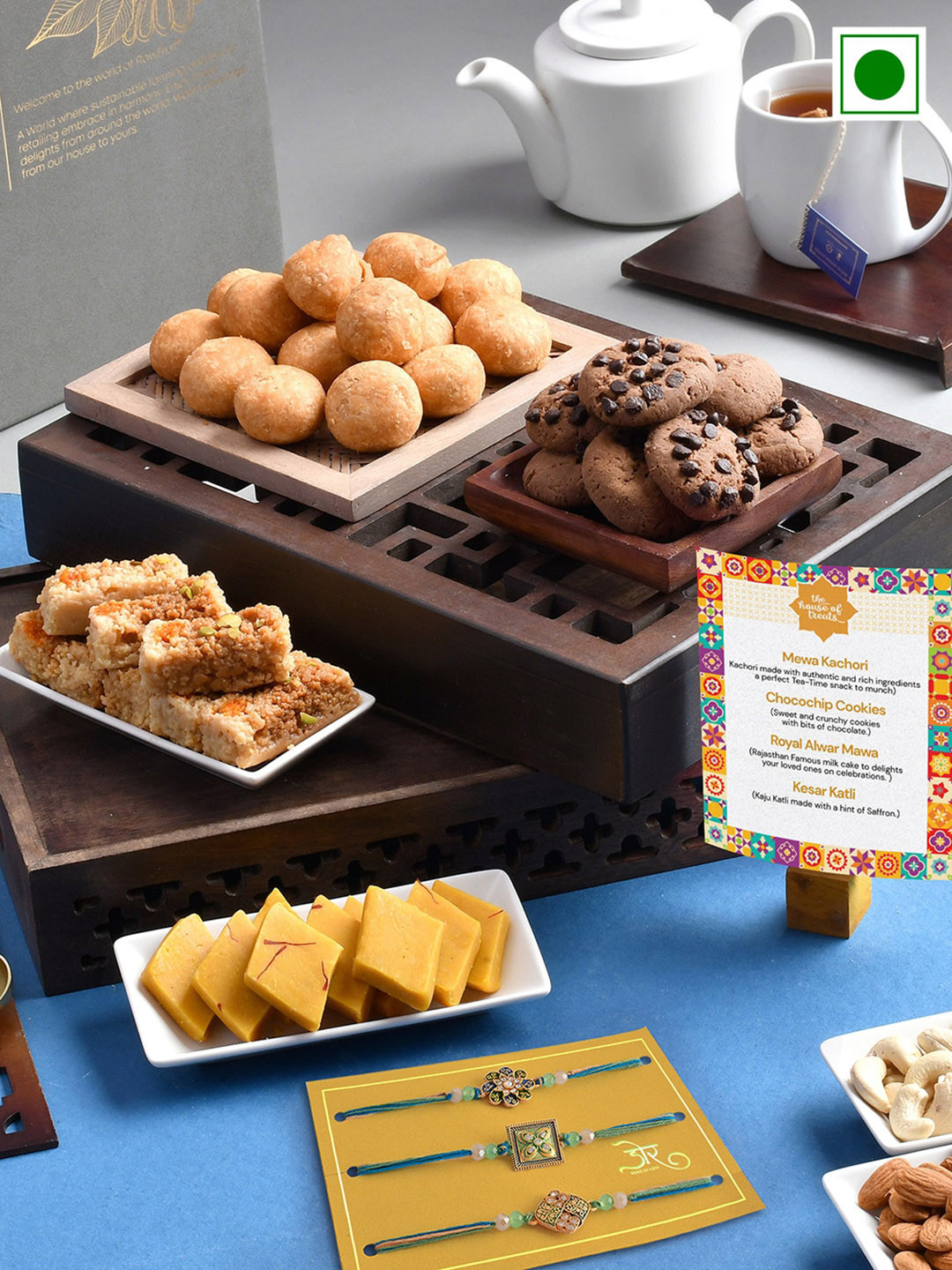 RawFruit Set Of 3 Stone Studded & Beaded Rakhis With Sweet Savoury Set-200 gms Each, Blue
RawFruit Set Of 3 Stone Studded & Beaded Rakhis With Sweet Savoury Set-200 gms Each, Blue