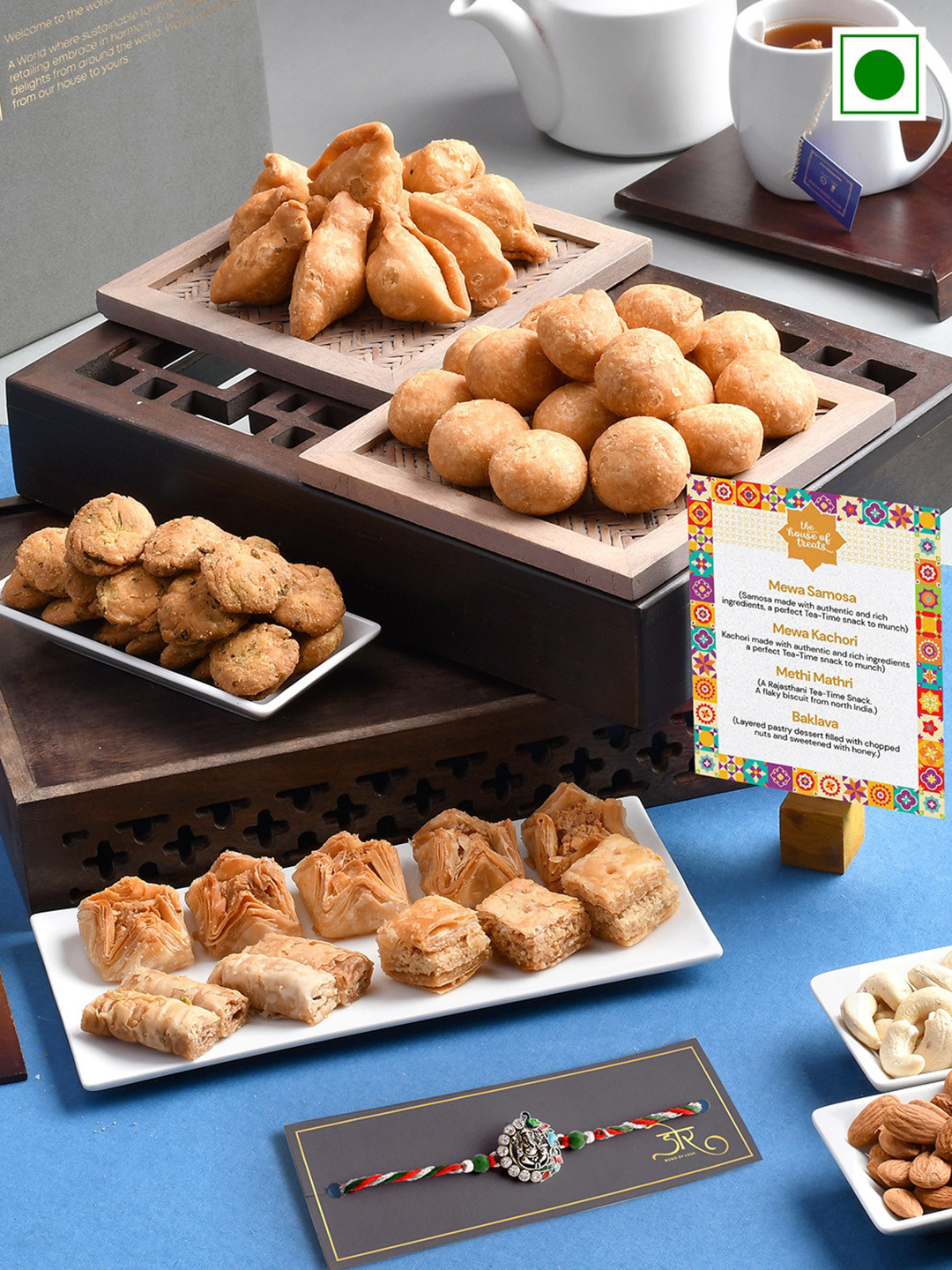 RawFruit Stone Studded Thread Rakhi With Sweet Savoury Gift Set- 200gms Each, Silver
RawFruit Stone Studded Thread Rakhi With Sweet Savoury Gift Set- 200gms Each, Silver