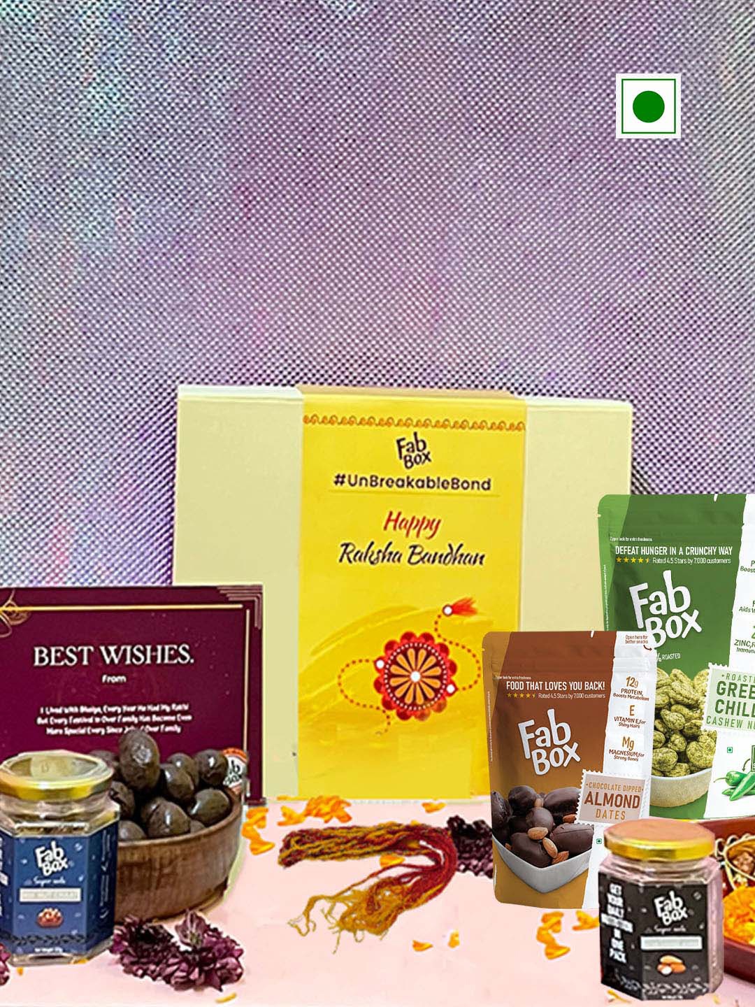 FabBox Beaded Rakhi With Roli Chawal & Dryfruits Gifts Set, Yellow