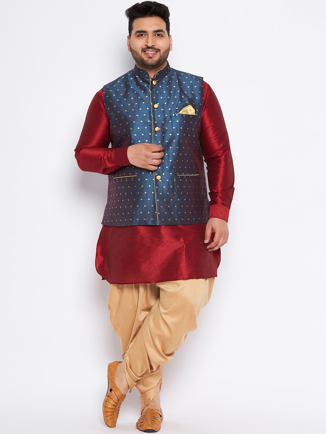 VASTRAMAY Plus Size Mandarin Collar Patani Kurta & Dhoti Pants With Nehru Jacket, Maroon
VASTRAMAY Plus Size Mandarin Collar Patani Kurta & Dhoti Pants With Nehru Jacket, Maroon