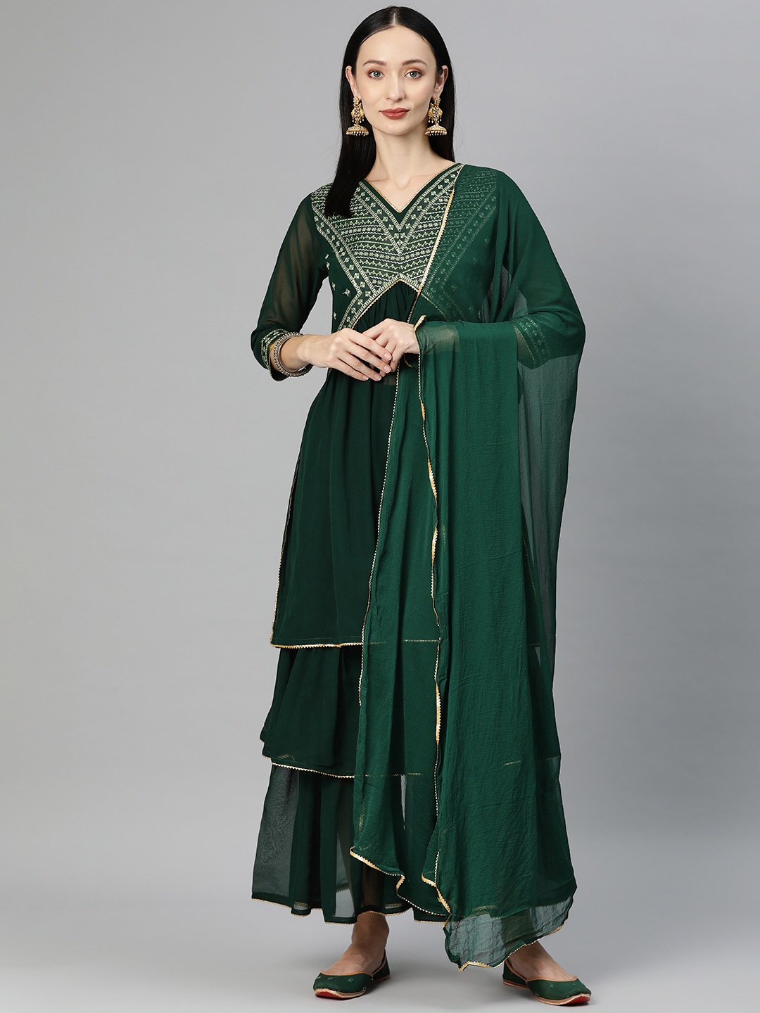 SERONA FABRICS Women Green Yoke Design Pleated Sequinned Kurta with Sharara & With Dupatta
SERONA FABRICS Women Green Yoke Design Pleated Sequinned Kurta with Sharara & With Dupatta