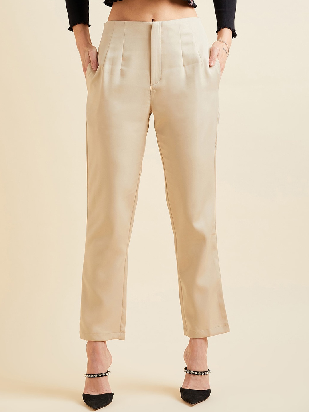 PANIT Women Beige Smart High-Rise Wrinkle Free Pleated Lycra Peg Trousers