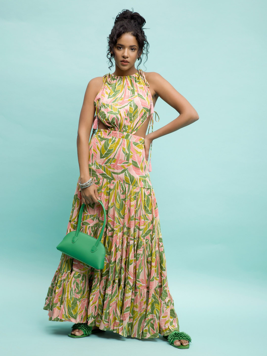 Dee Monash Tropical Printed Halter Neck Cut-Out Detail Tiered A-Line Maxi Dress, Green
Dee Monash Tropical Printed Halter Neck Cut-Out Detail Tiered A-Line Maxi Dress, Green