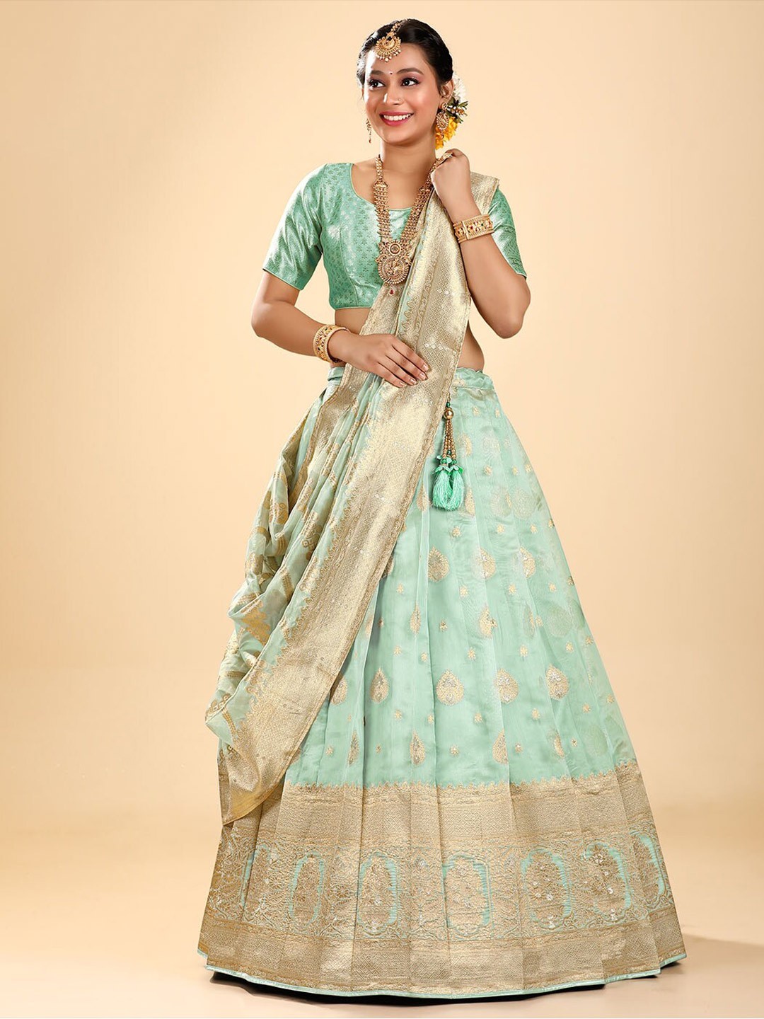 HALFSAREE STUDIO Semi-Stitched Lehenga & Unstitched Blouse With Dupatta, Sea green