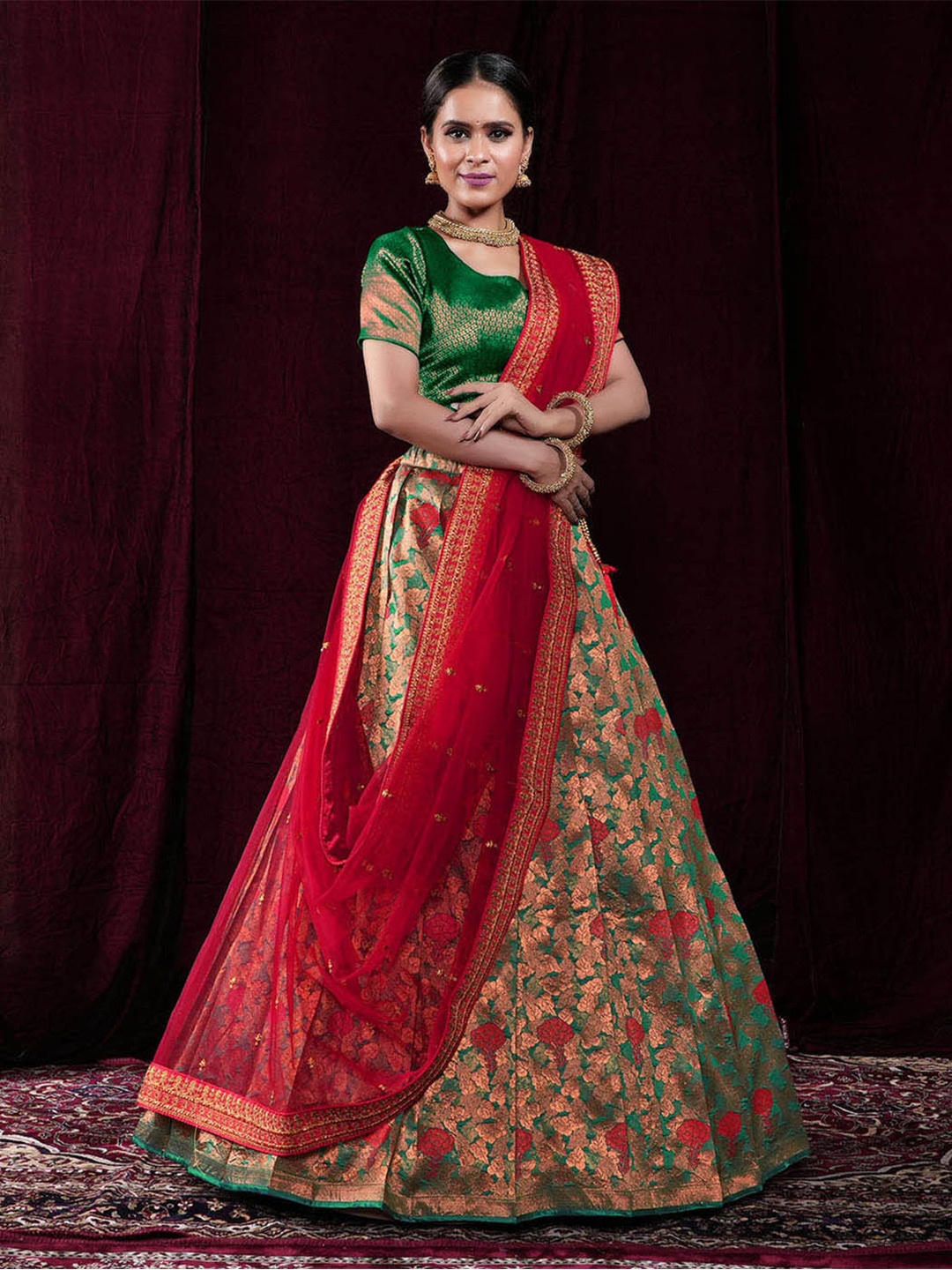 HALFSAREE STUDIO Semi-Stitched Lehenga & Unstitched Blouse With Dupatta, Green