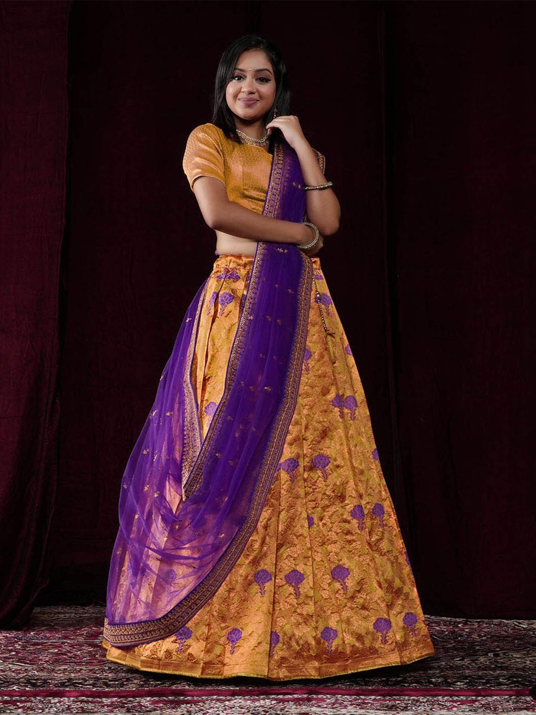 HALFSAREE STUDIO Semi-Stitched Lehenga & Unstitched Blouse With Dupatta, Gold