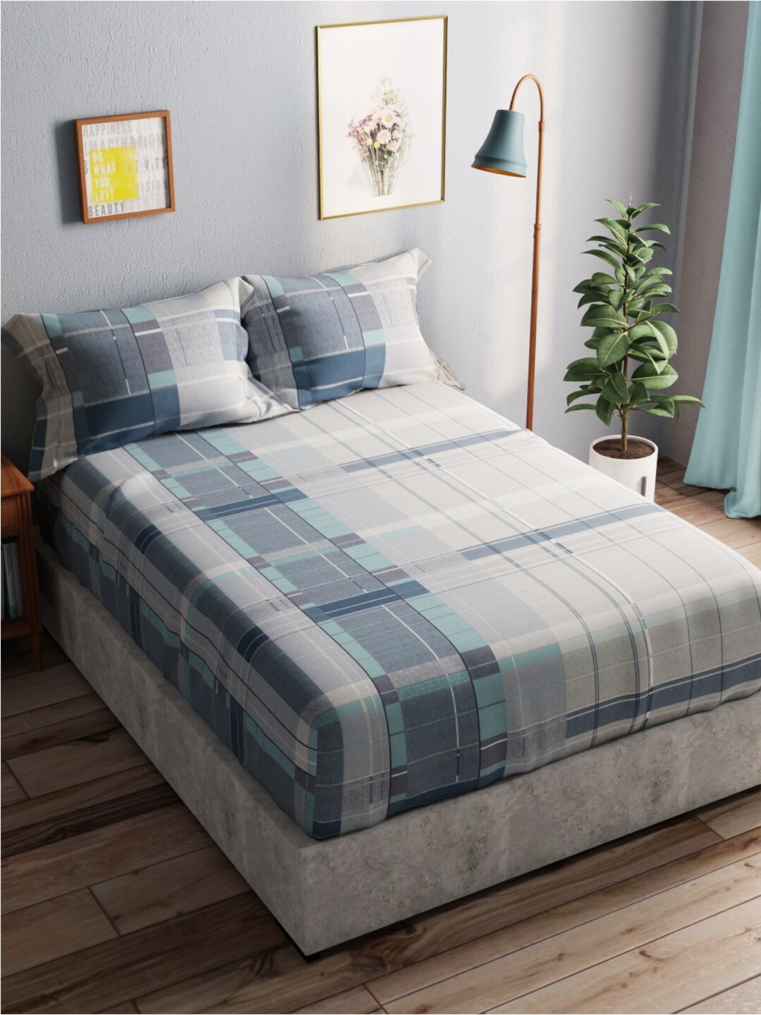 BIANCA Grey & Blue Geometric Pure Cotton 140 TC Queen Bedsheet with 2 Pillow Covers