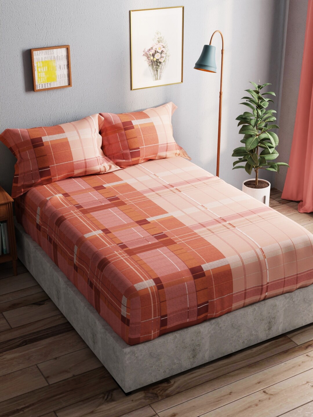 BIANCA Amolina Orange & Maroon Geometric Cotton 140 TC Queen Bedsheet With 2 Pillow Covers