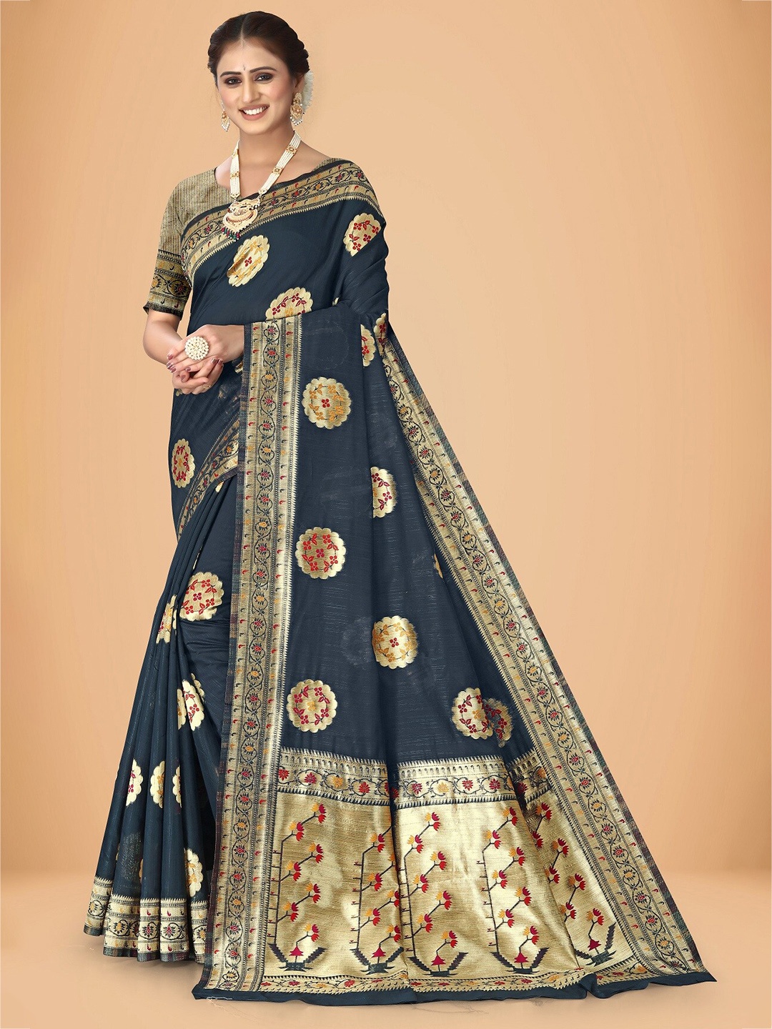 Rivana Floral Woven Design Zari Banarasi Saree, Navy blue