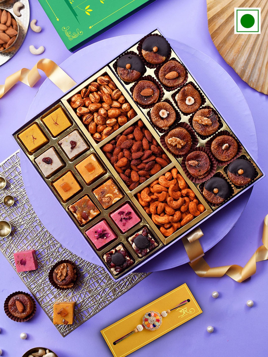 RawFruit Stone-Studded & Beaded Rakhi Wuth Fudge, Figs & Roasted Dry Fruit Set, Green
RawFruit Stone-Studded & Beaded Rakhi Wuth Fudge, Figs & Roasted Dry Fruit Set, Green