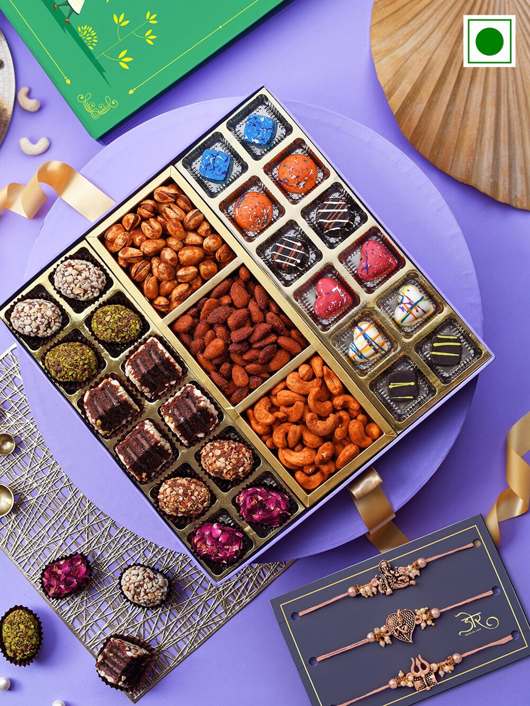 RawFruit Set Of 3 Rakhi With Barrels & Chocolate with Roasted Dry Fruit Gift Set, Rose gold
RawFruit Set Of 3 Rakhi With Barrels & Chocolate with Roasted Dry Fruit Gift Set, Rose gold