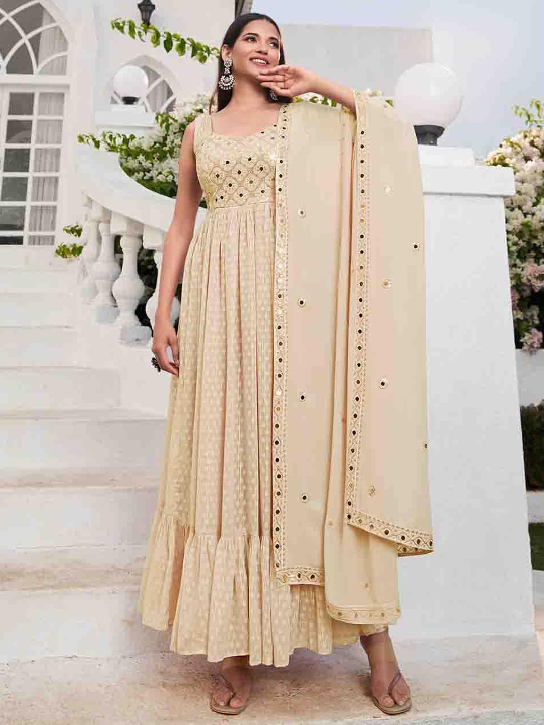 Mitera Cream-Coloured Ethnic Self Design Sequined Anarkali Kurta with Palazzos & Dupatta
Mitera Cream-Coloured Ethnic Self Design Sequined Anarkali Kurta with Palazzos & Dupatta