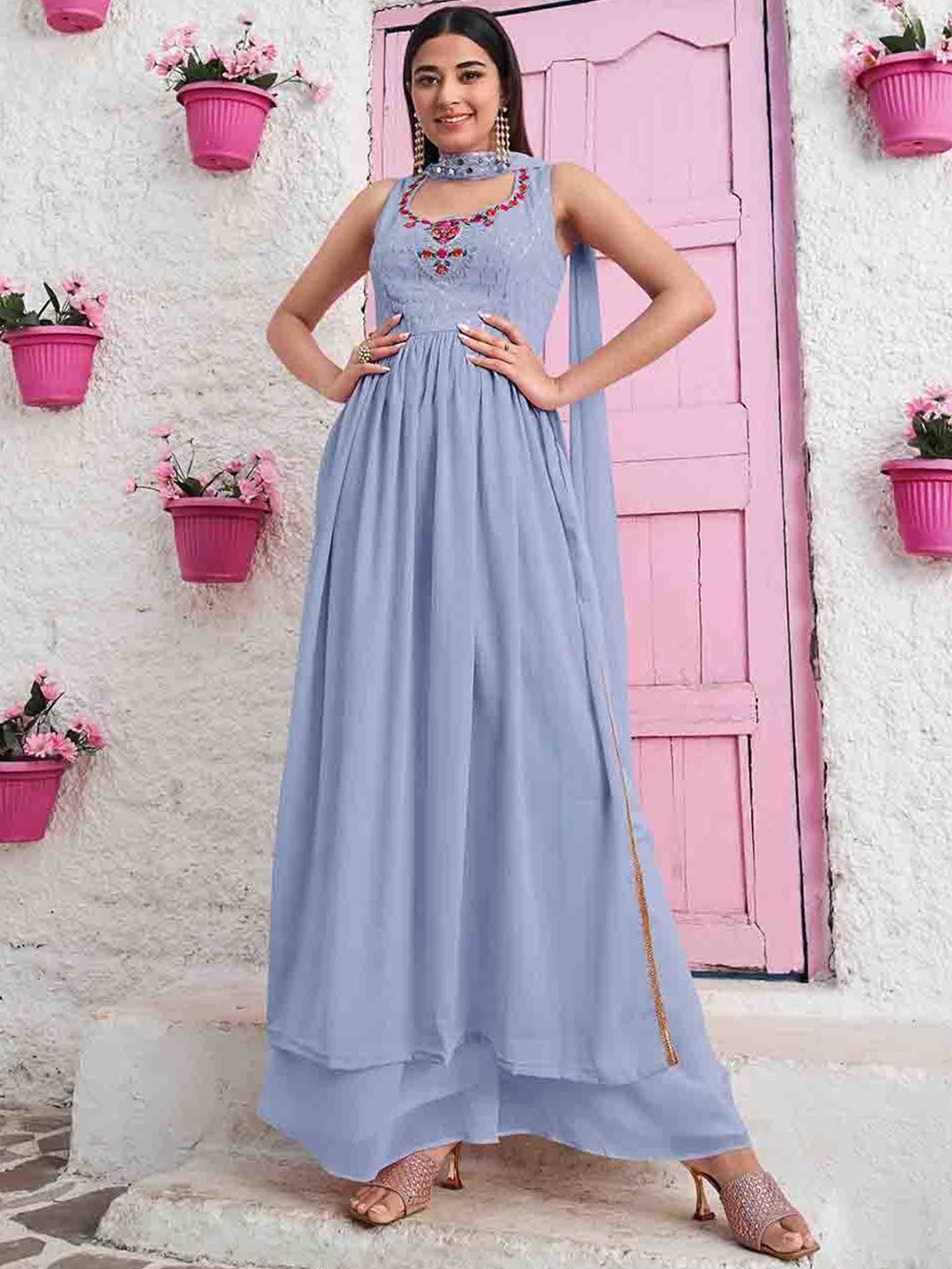 Mitera Blue Floral Embroidered Yoke Design High Slit A-Line Kurta & Palazzos With Dupatta
Mitera Blue Floral Embroidered Yoke Design High Slit A-Line Kurta & Palazzos With Dupatta