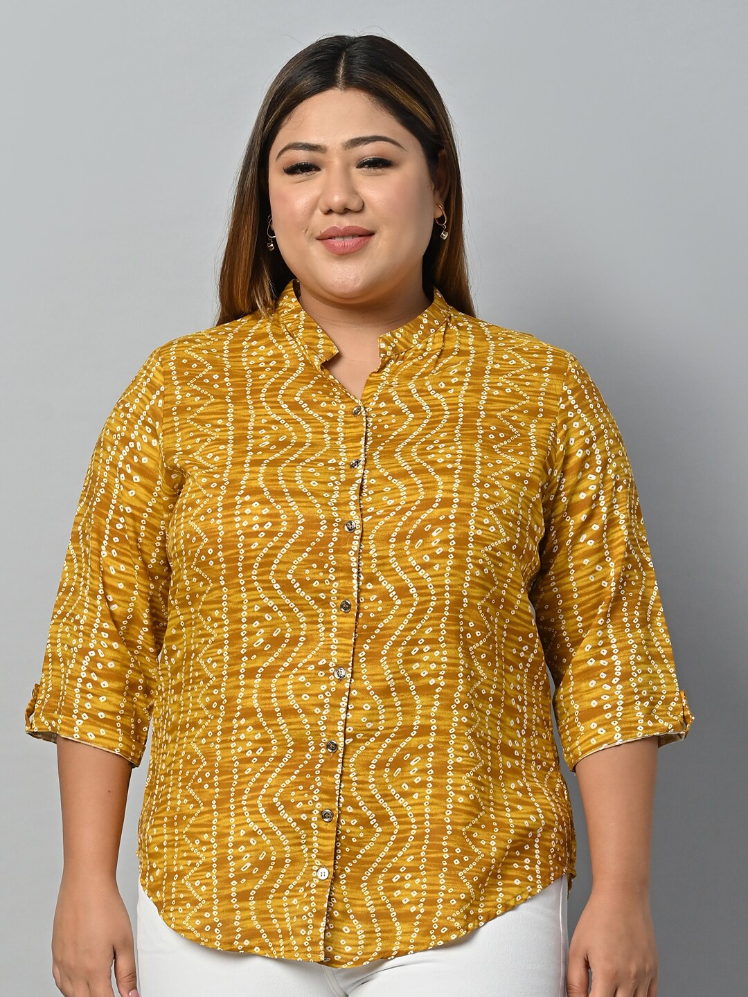 Vastraa Fusion Plus Size Bandhani Printed Mandarin Collar Ethnic Shirt Style Top, Yellow
Vastraa Fusion Plus Size Bandhani Printed Mandarin Collar Ethnic Shirt Style Top, Yellow