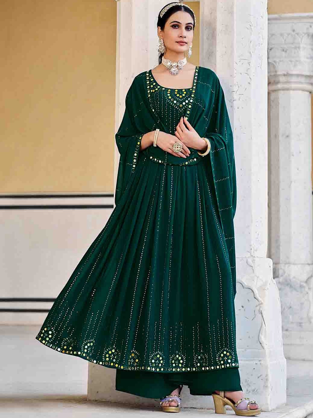 Mitera Green Ethnic Motifs Embroidered Mirror Work Anarkali Kurta & Palazzos With Dupatta
Mitera Green Ethnic Motifs Embroidered Mirror Work Anarkali Kurta & Palazzos With Dupatta