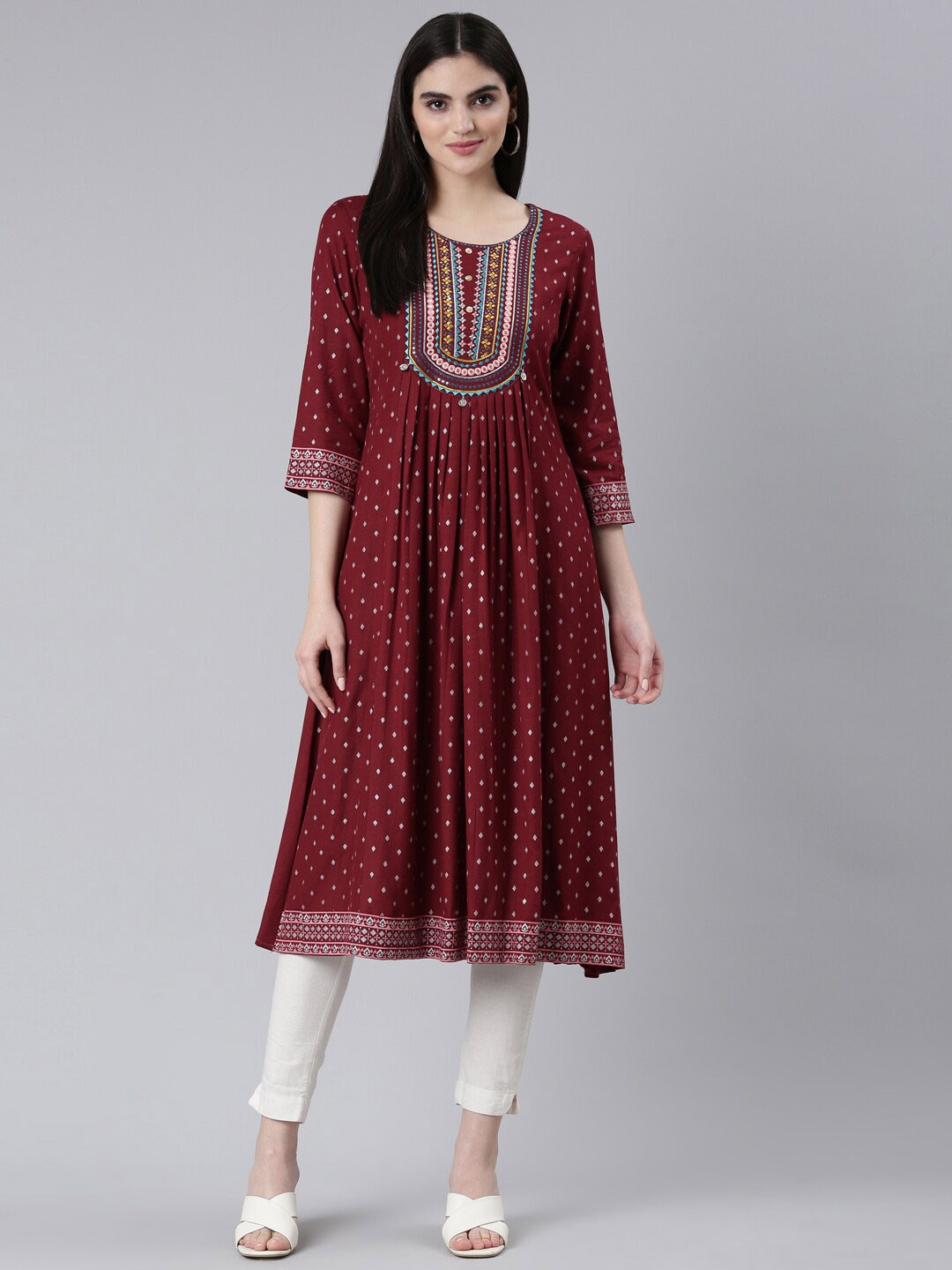 Neerus Geometric Printed Round Neck Thread Work Sequined Pure Cotton A-Line Kurta, Maroon
Neerus Geometric Printed Round Neck Thread Work Sequined Pure Cotton A-Line Kurta, Maroon