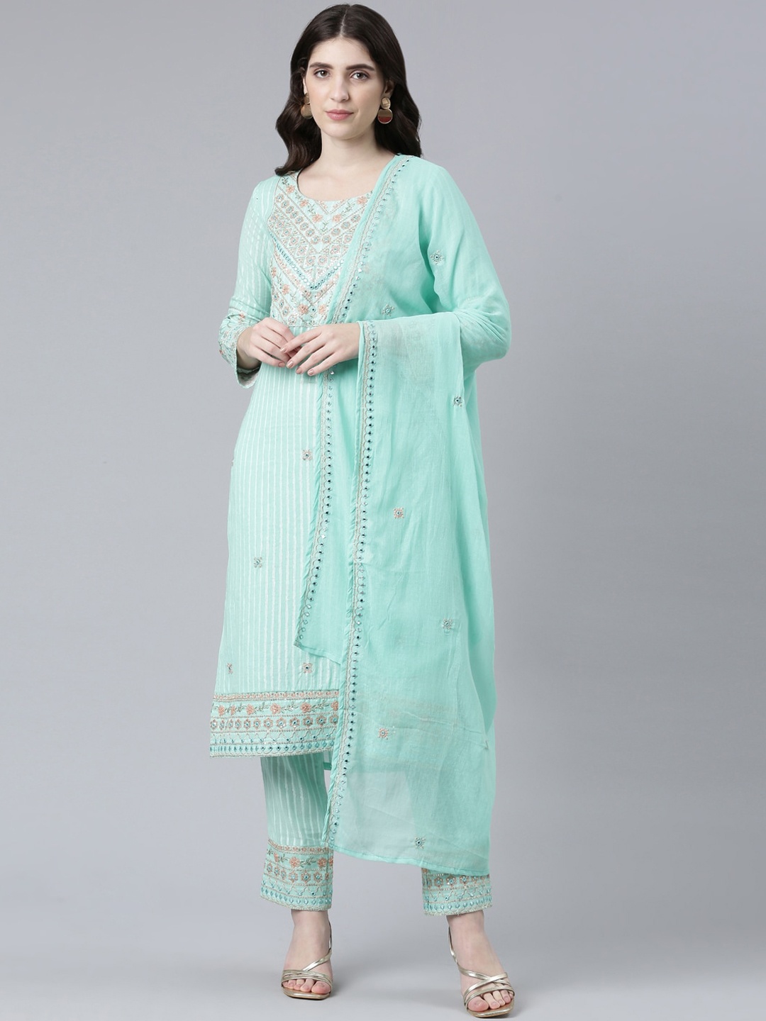 Neerus Striped Yoke Design Embriodered Pure Cotton Straight Kurta With Trousers & Dupatta, Sea green
Neerus Striped Yoke Design Embriodered Pure Cotton Straight Kurta With Trousers & Dupatta, Sea green