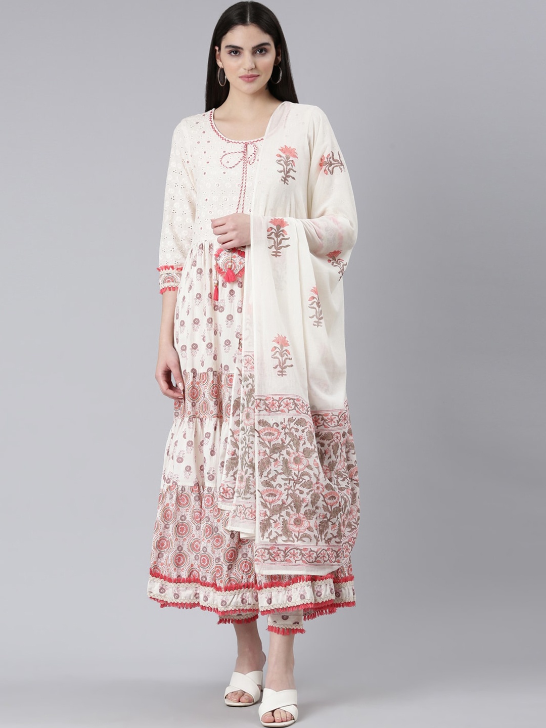 Neerus Floral Embroidered Pure Cotton Anarkali Kurta With Trousers & With Dupatta, Pink
Neerus Floral Embroidered Pure Cotton Anarkali Kurta With Trousers & With Dupatta, Pink