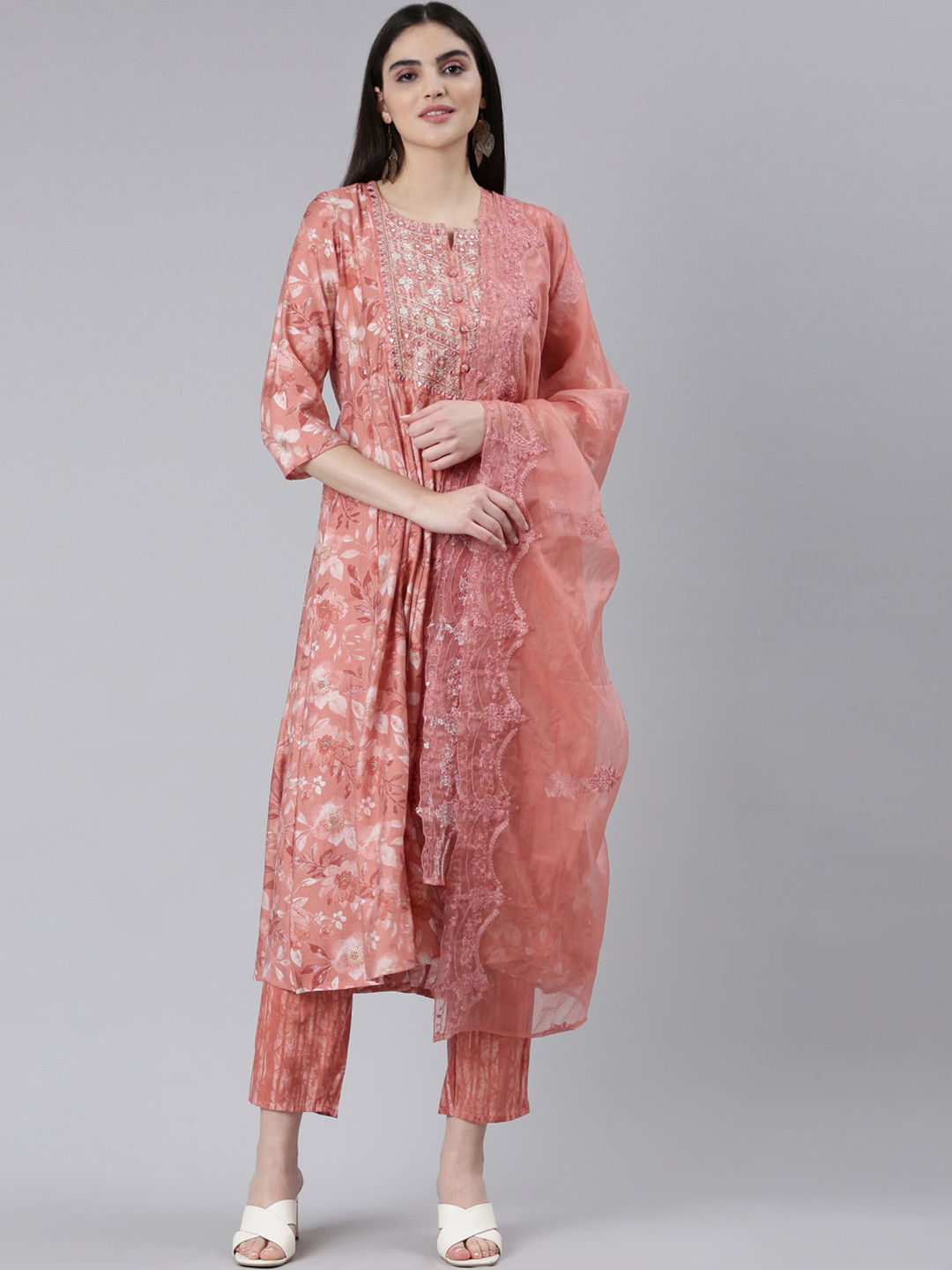 Neerus Floral Printed Mirror Work Anarkali Kurta With Trousers & Dupatta, Coral
Neerus Floral Printed Mirror Work Anarkali Kurta With Trousers & Dupatta, Coral