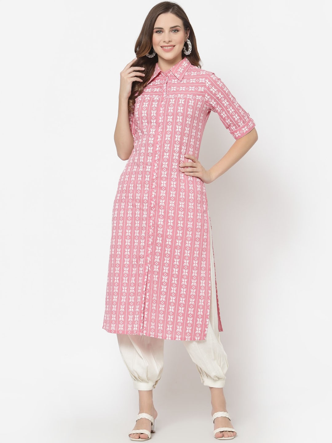 Avipsa Ethnic Motifs Printed Pure Cotton Straight Kurta, Pink