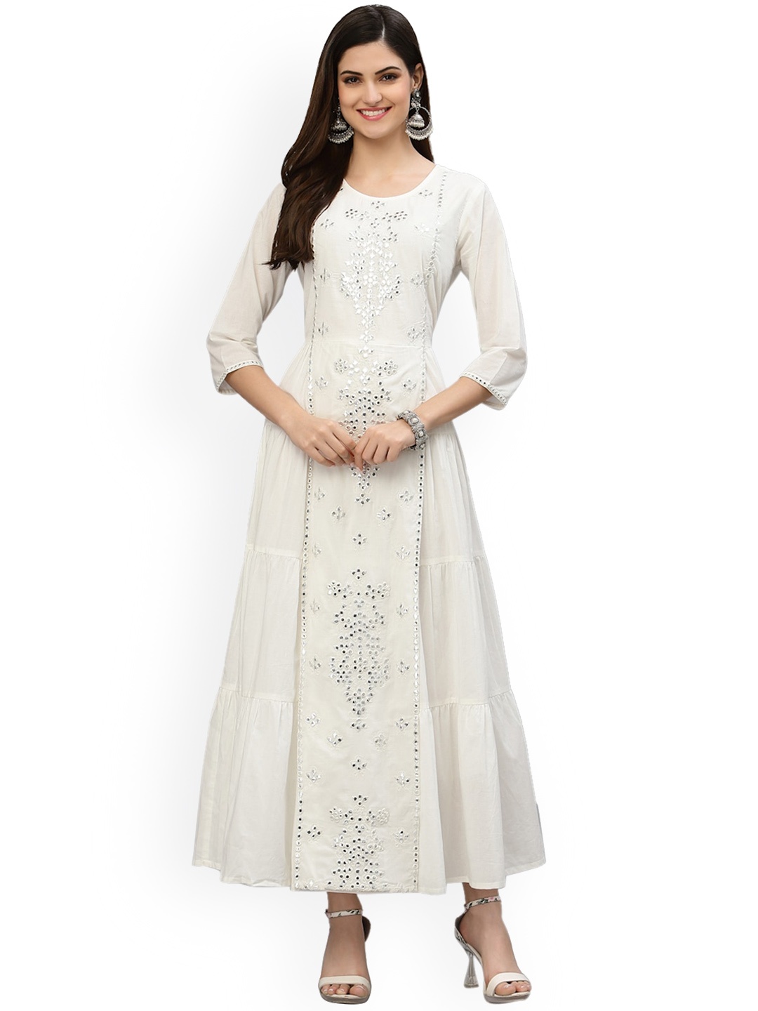 Avipsa Embroidered Detailed Tiered A-Line Ethnic Dress, White