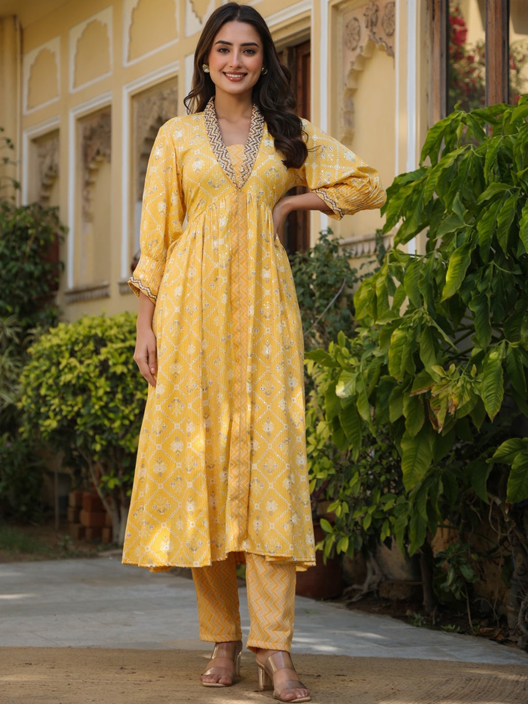 Prakhya Ethnic Motifs Printed Empire Beads and Stones Kurta with Palazzos, Yellow
Prakhya Ethnic Motifs Printed Empire Beads and Stones Kurta with Palazzos, Yellow
