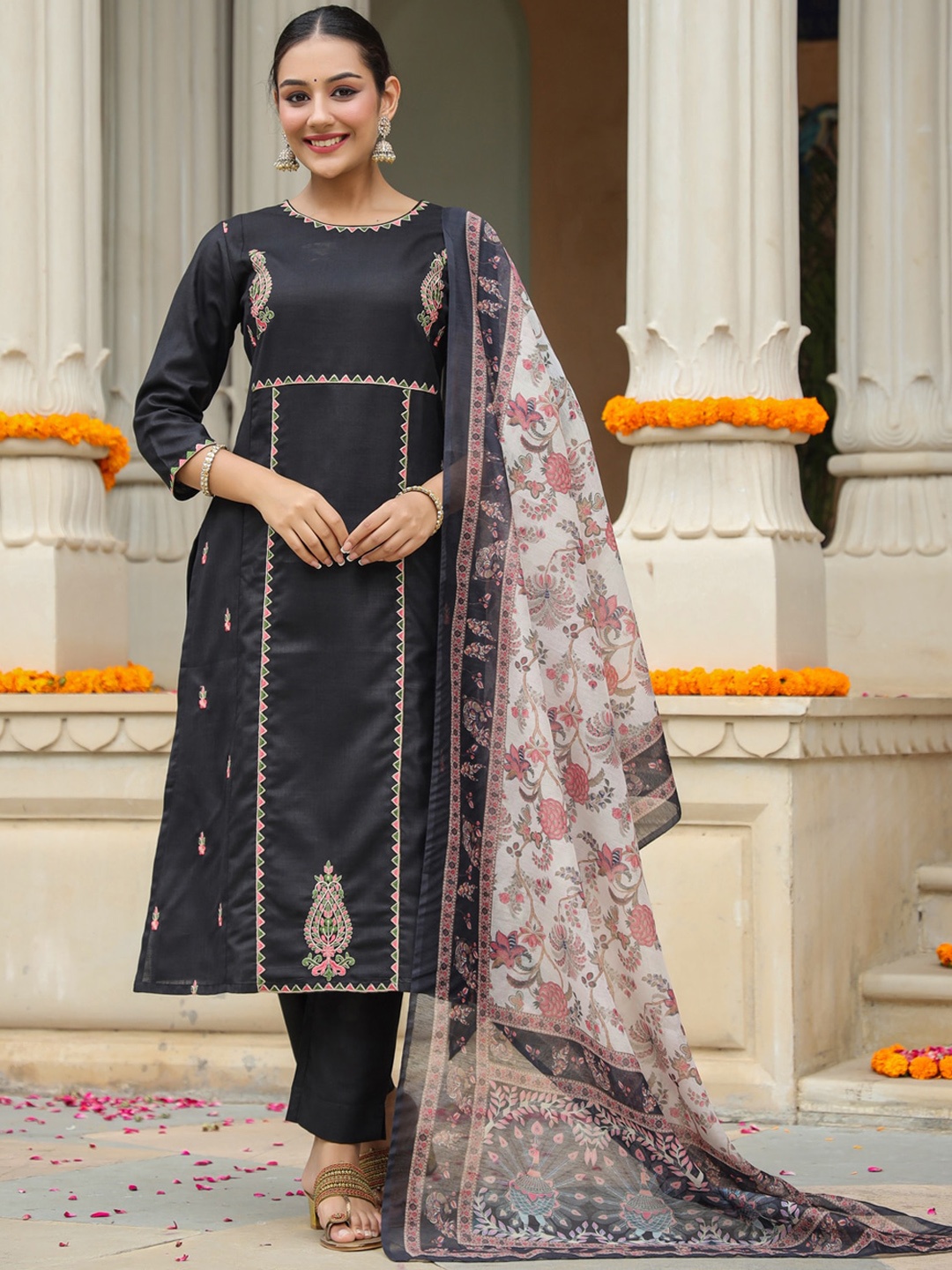 Rain & Rainbow Ethnic Motifs Embroidered Thread Work Kurta With Trousers & Dupatta, Black
Rain & Rainbow Ethnic Motifs Embroidered Thread Work Kurta With Trousers & Dupatta, Black