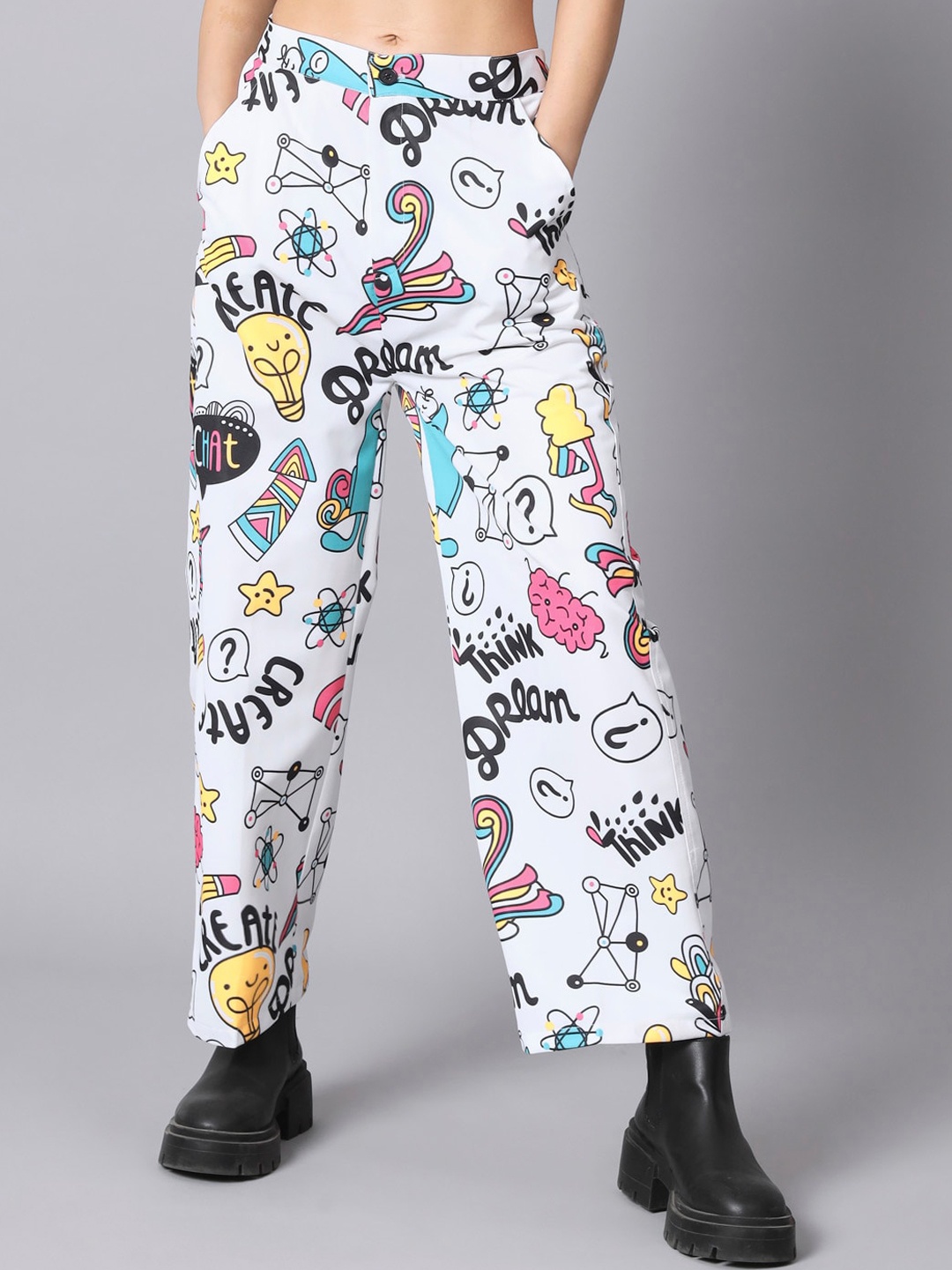 The Dry State Women White Conversational Printed Straight Fit High-Rise Trousers, Multi
The Dry State Women White Conversational Printed Straight Fit High-Rise Trousers, Multi