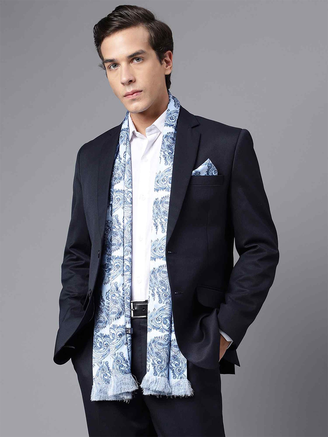 Tossido Printed Satin Stole & Pocket Square, Blue