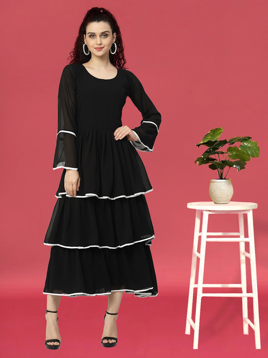 MISS AYSE Bell Sleeve Layered A-Line Midi Dress, Black