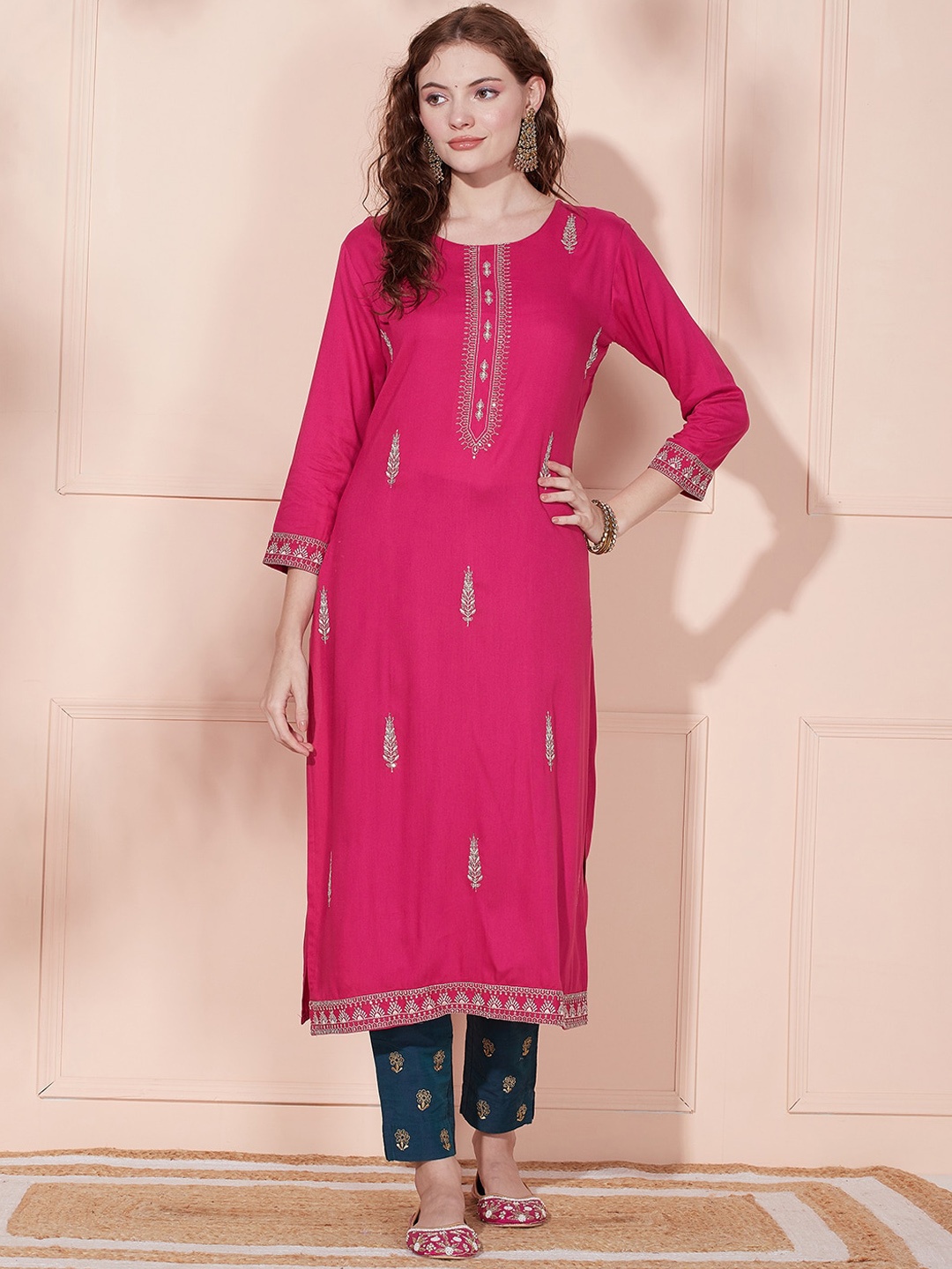 FASHOR Magenta Ethnic Motifs Embroidered Sequinned A-Line Kurta