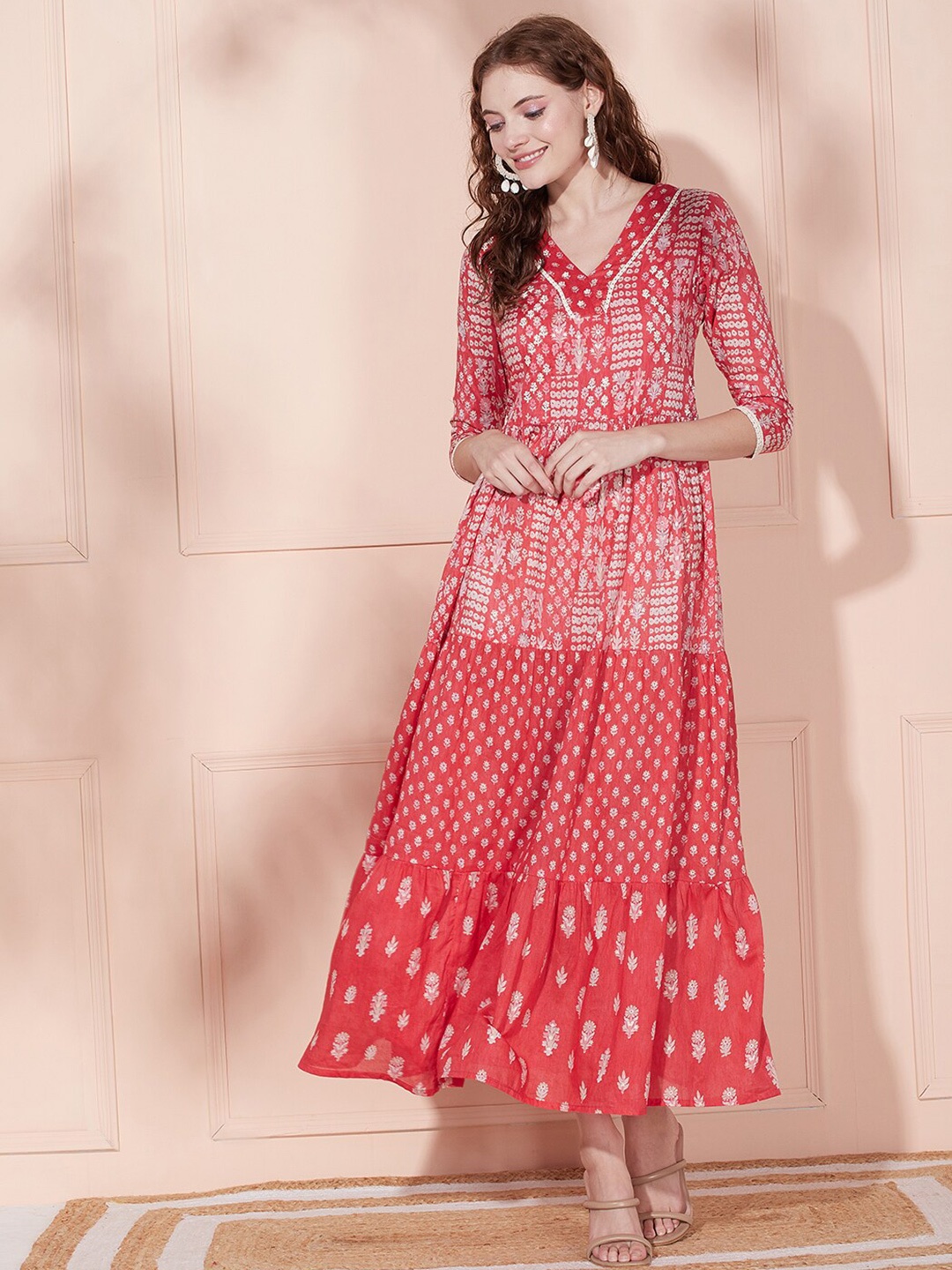 FASHOR Coral-Coloured Floral Printed V-Neck Embellished Tiered Cotton Maxi Ethnic Dress
FASHOR Coral-Coloured Floral Printed V-Neck Embellished Tiered Cotton Maxi Ethnic Dress