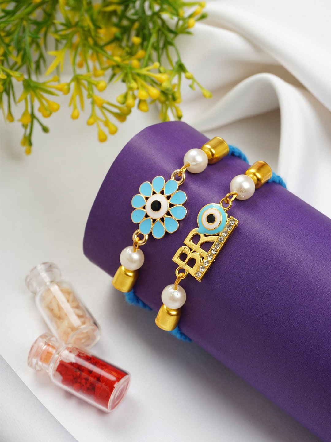 Ferosh Set Of 2 Evil Eye Rakhis With Roli Chawal, Blue