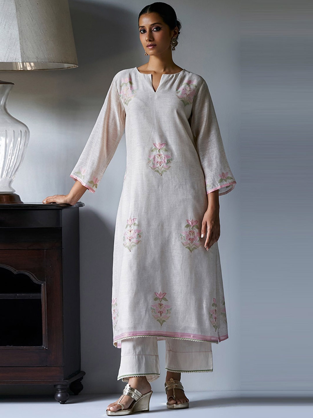Ganga Floral Printed Beads and Stones Linen Kurta with Palazzos & Dupatta, Cream