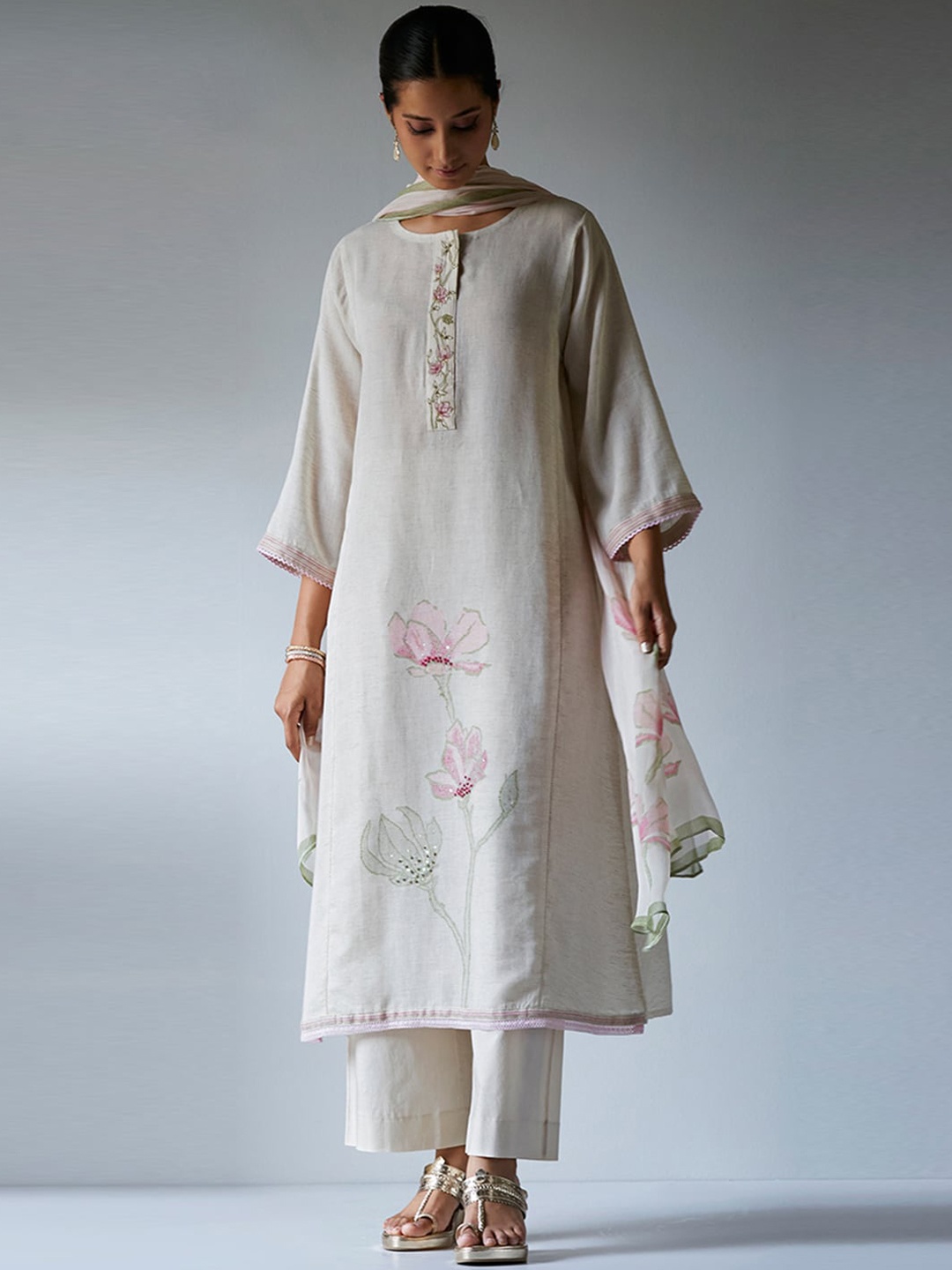 Ganga Floral Printed Sequined Panelled A-Line Linen Kurta with Palazzos & Dupatta, Beige