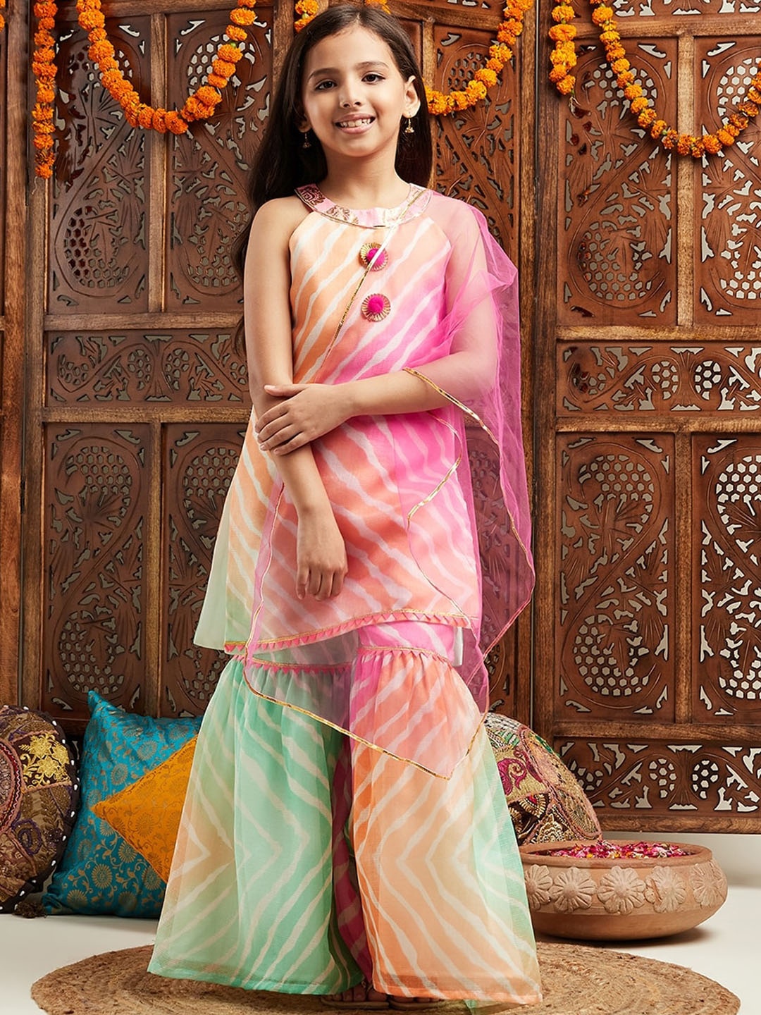 ROJAA Girls Striped Regular Kurta With Sharara & Dupatta, Pink