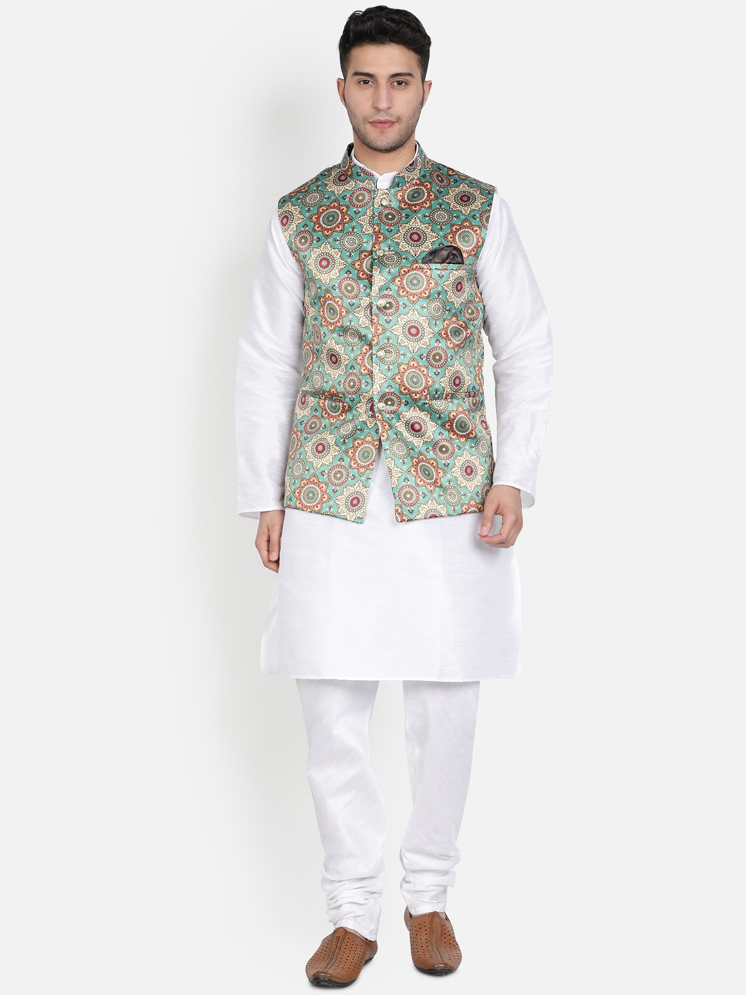 Armaan Ethnic Mandarin Collar Dupion Silk Kurta with Churidar And Printed Nehru Jacket, Green
Armaan Ethnic Mandarin Collar Dupion Silk Kurta with Churidar And Printed Nehru Jacket, Green