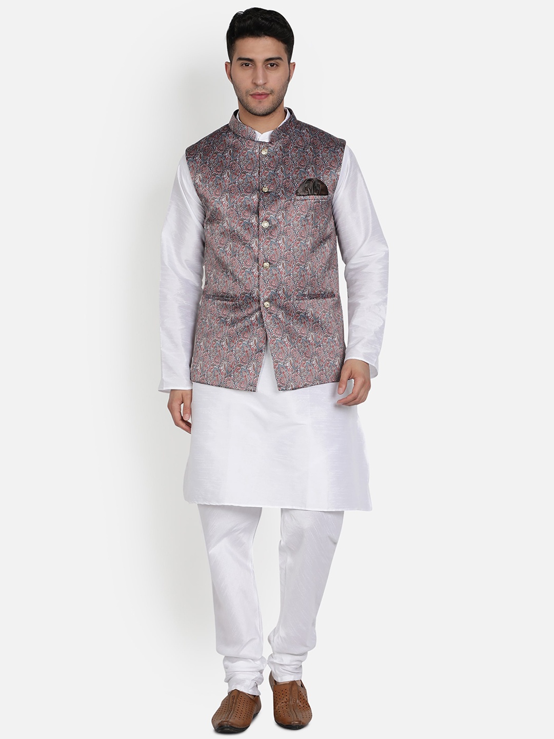 Armaan Ethnic Mandarin Collar Dupion Silk Kurta with Churidar And Printed Nehru Jacket, White
Armaan Ethnic Mandarin Collar Dupion Silk Kurta with Churidar And Printed Nehru Jacket, White