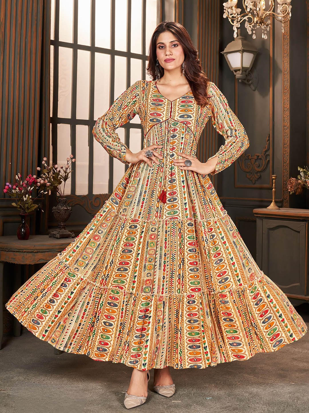 KALINI Ethnic Motifs Foil Printed Fit & Flare Ethnic Dress, Beige