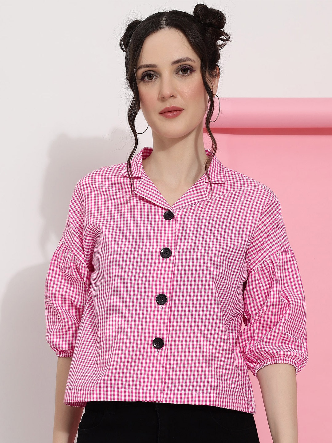 J Turritopsis Classic Micro Checked Puff Sleeves Cotton Casual Shirt, Pink