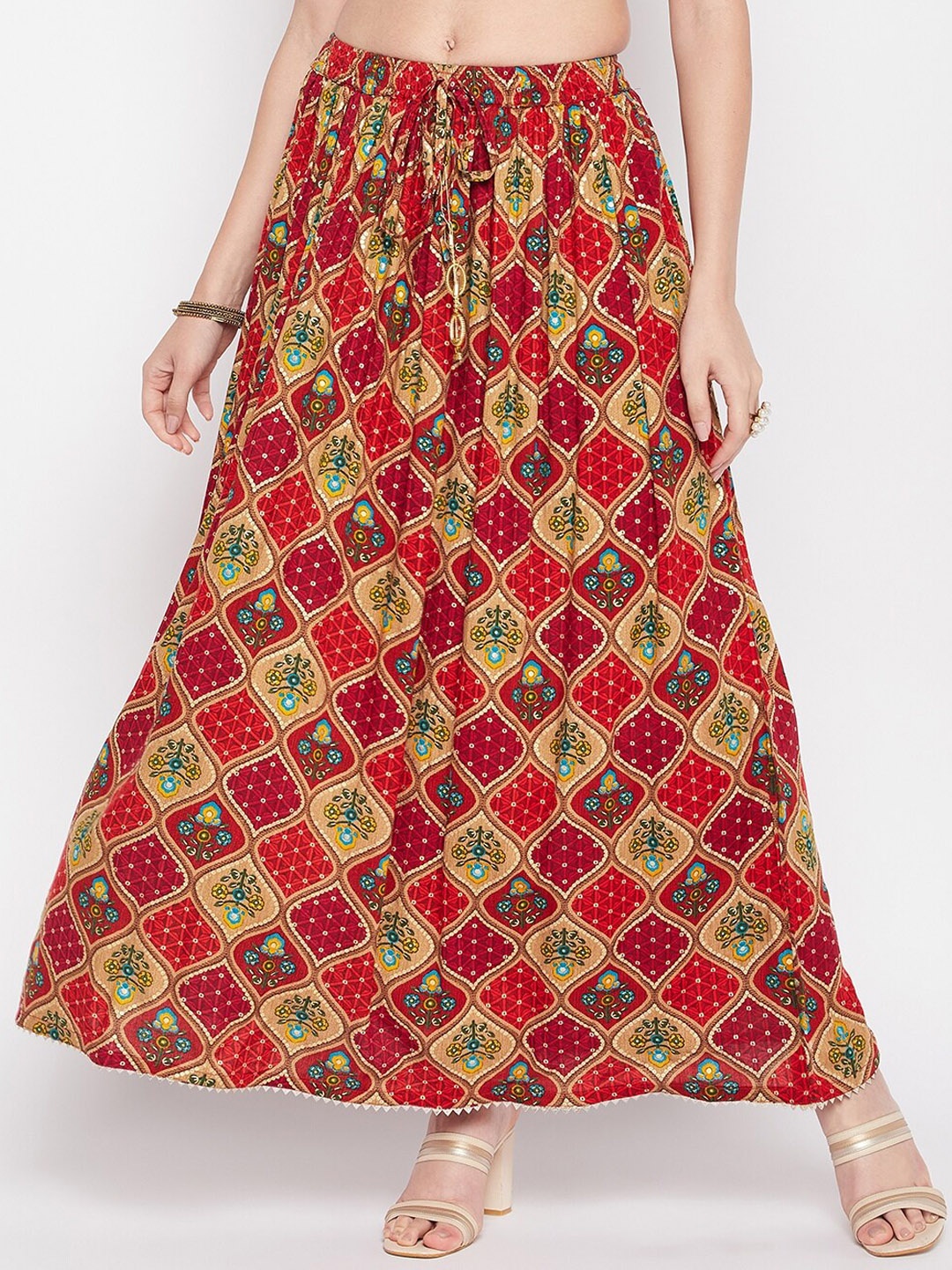 Clora Creation Ethnic Motif Printed Flared Maxi Skirt, Red