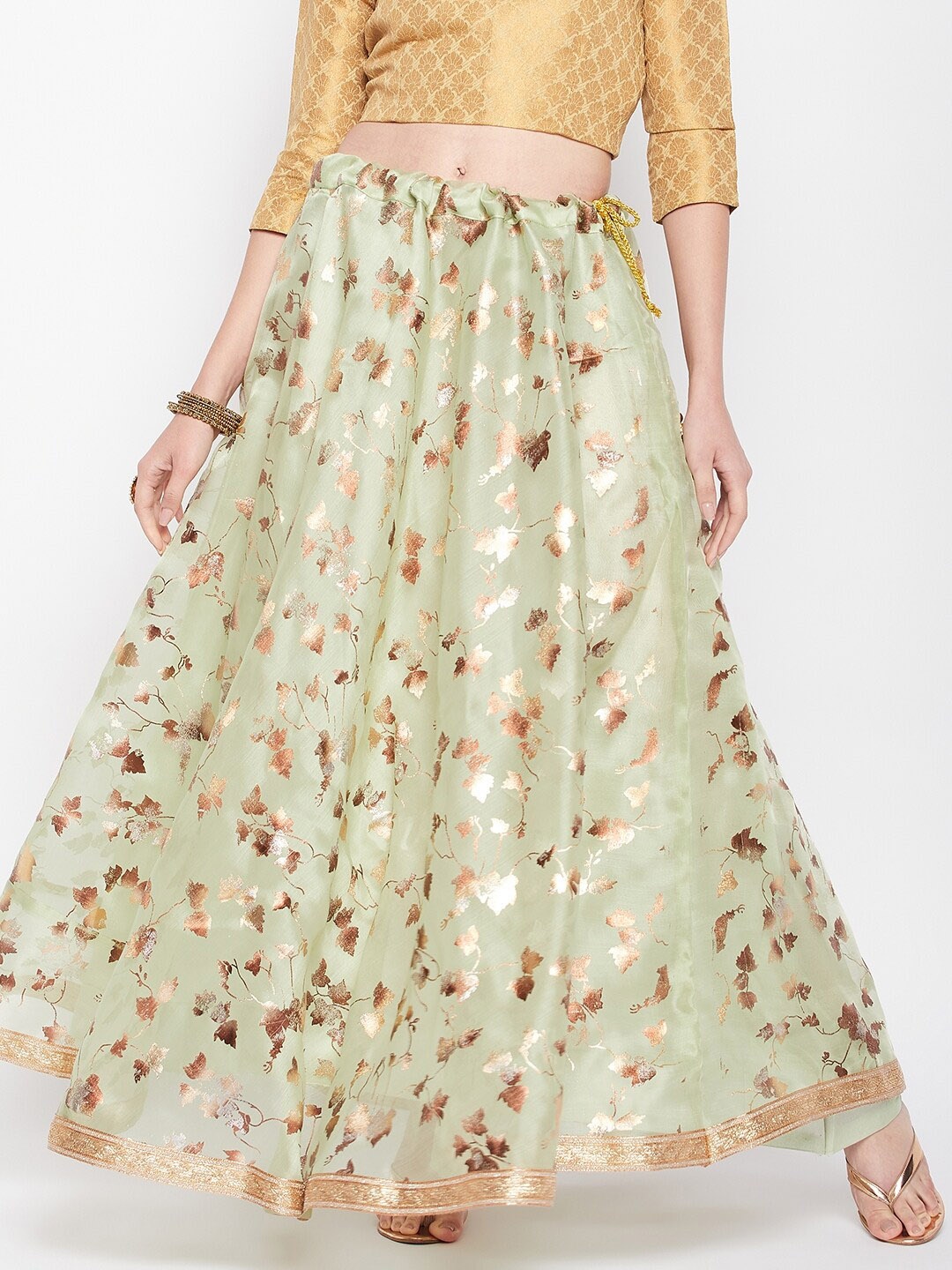 Clora Creation Floral Foil Printed Organza Flared Maxi Skirt, Sea green