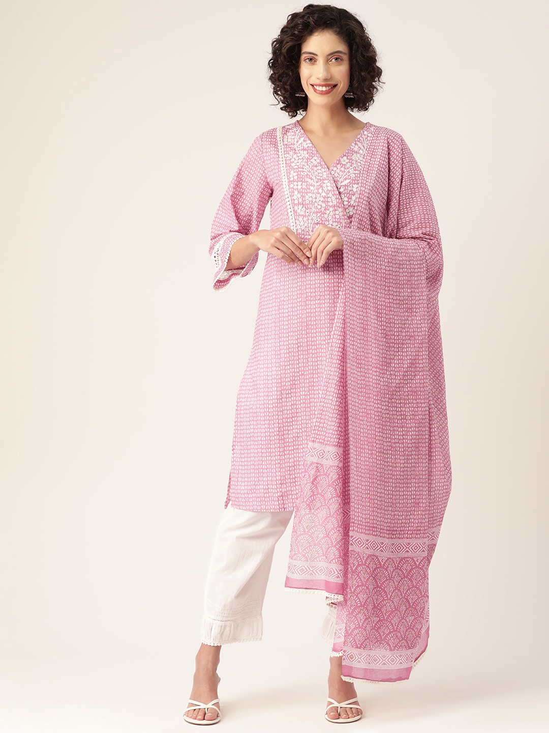 MISRI Women Floral Yoke Design Angrakha Pure Cotton Kurta with Palazzos & Dupatta, Pink
MISRI Women Floral Yoke Design Angrakha Pure Cotton Kurta with Palazzos & Dupatta, Pink